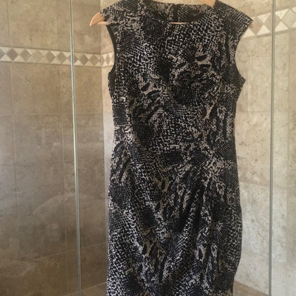 Ann Taylor 2P Sheath Dress Ruched Snakeskin Print Black & Tan